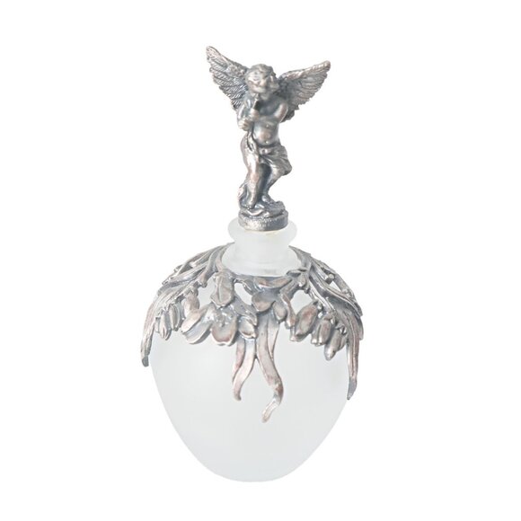 2 Vintage Glass & Pewter Perfume Bottles Winged Cherub Topper Glass - Picture 6 of 10